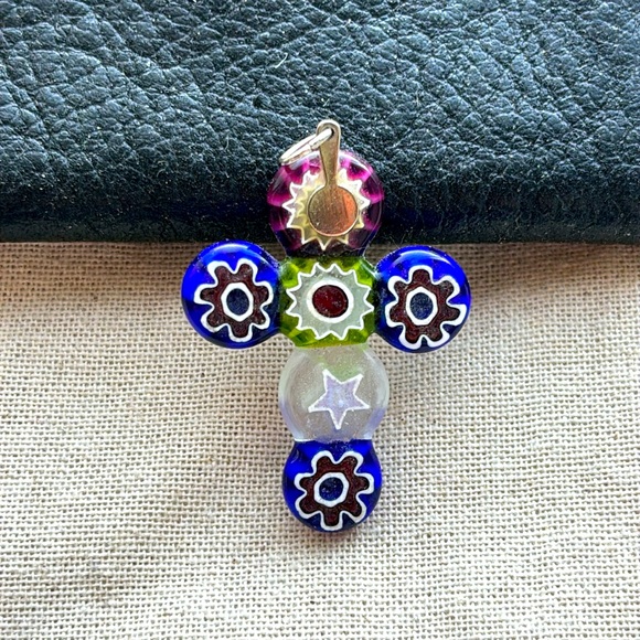 Millefiori Floral Flower Star Art Glass Cross Pendant Necklace Christian Faith + - Picture 2 of 8